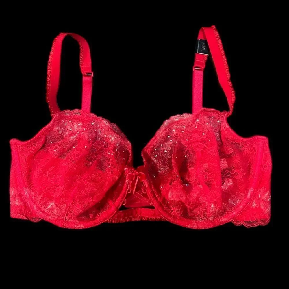 Victorias Secret Designer Collection Rhinestone Embellished Unlined Demi Bra Red